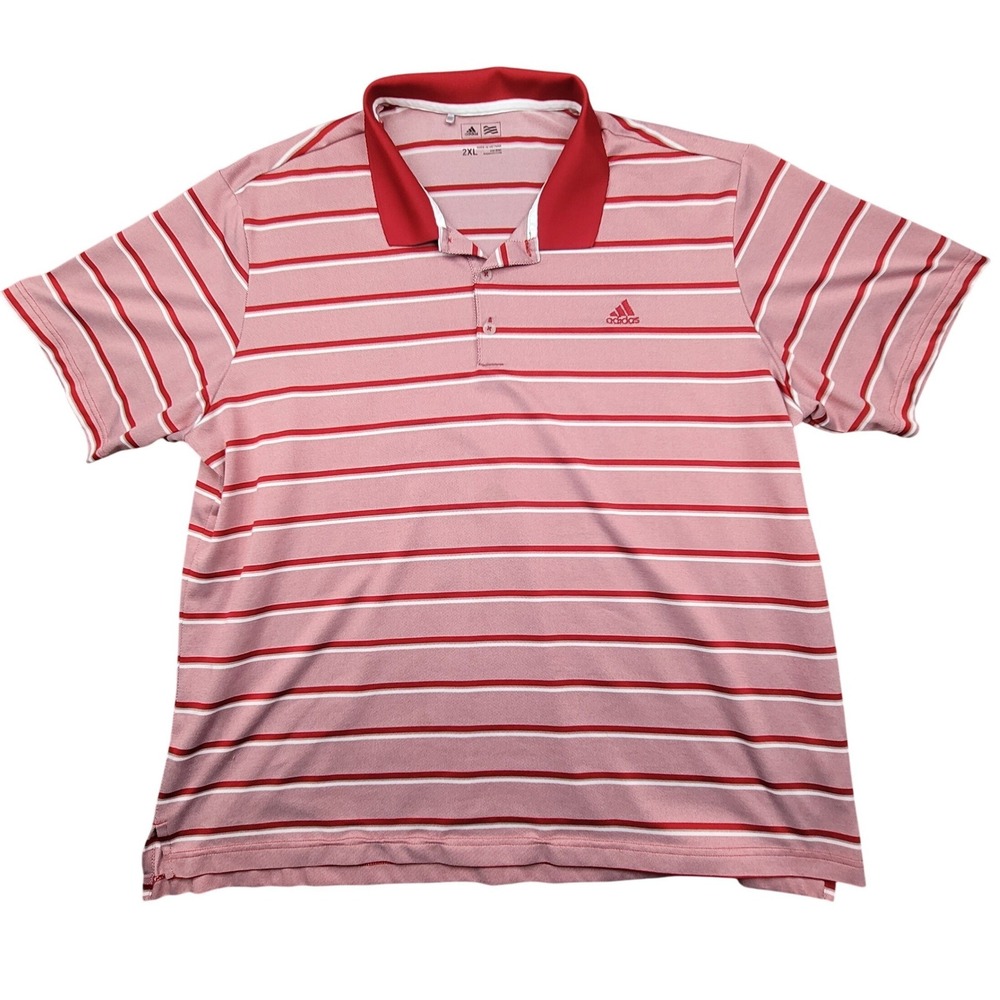 Adidas Golf Mens 2XL Red White Striped Short Sleeve Pique Polo Shirt BC6738